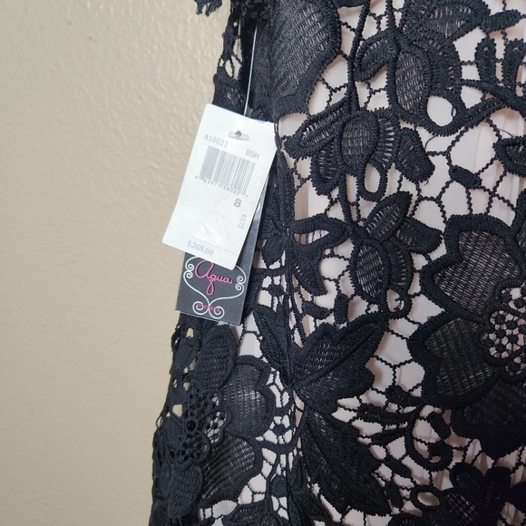 Aqua Black Lace Overlay Split Back Blush Pink Underlay Cocktail Dress-Size 4 NWT - Picture 6 of 11